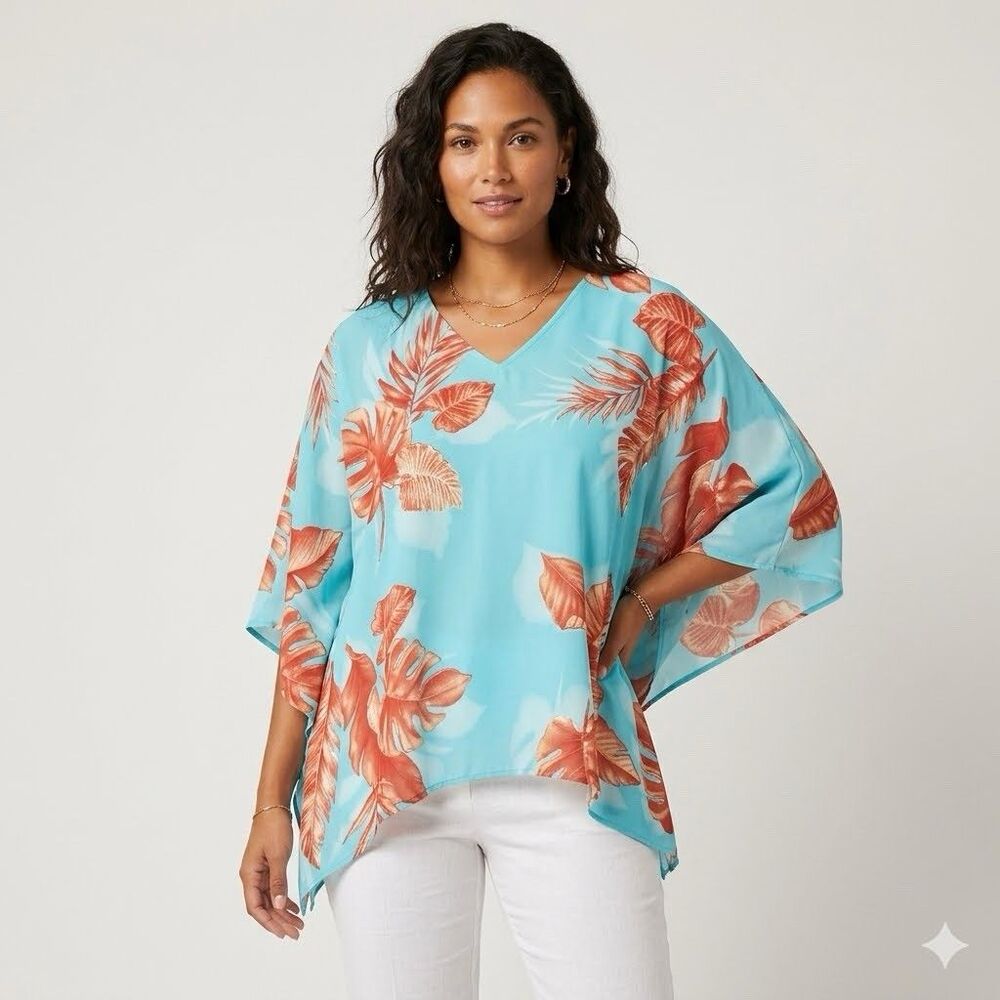 Belle by Kim Gravel Malibu Palms Poncho Top Caribbean Blue Semi Sheer Size M